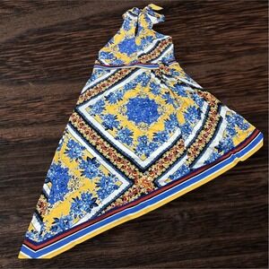 Cato Yellow Blue Scarf Print Halter Handkerchief Hem Midi Dress Womens Large